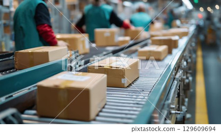 配送中心的工作人員正在分揀包裹 129609694