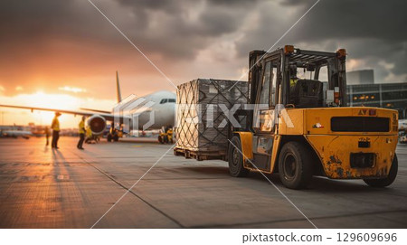 Forklift transporting air cargo Forklift transporting air cargo 129609696