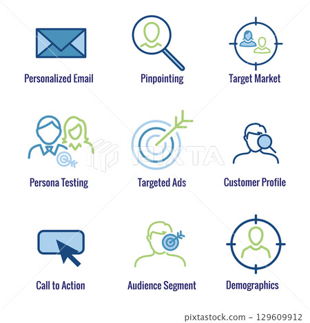 Icon Set for Marketing Strategy - SEO, mobile optimization, brainstorming, social media, data analytics, etc 129609912