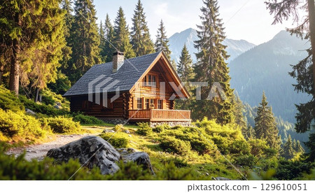 Morning at a mountain hut surrounded by forest 1 129610051