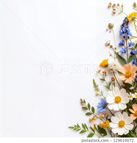 A composition of gently blooming wildflowers on a white background 129610072