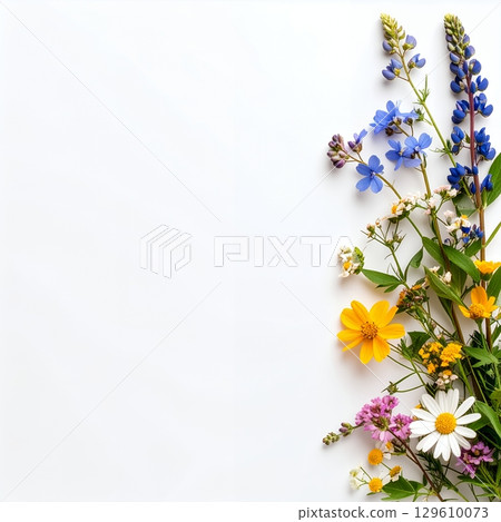 Vibrant wildflower border on white background 129610073