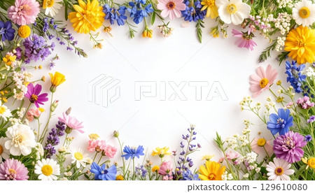 白色背景上色彩繽紛的花園花框 129610080