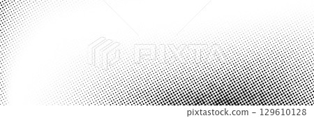 Grunge halftone corner gradient texture. Distress fading grit noise background. Retro pixel backdrop. Black and white sand wallpaper. Vector textured gritty surface. Anime or manga style comic overlay 129610128