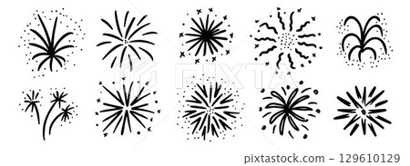 Black hand drawn firework set. Crayon doodled firecracker element collection. Pastel sketches of explosion, spark burst, star lights. Vector charcoal drawn sparkle stickers for birthday, party decor 129610129