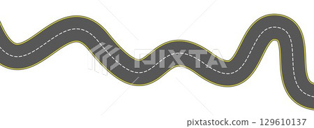 Top view winding road. Curve highway lane or wavy race track. Turning street road route. Town or city pavement asphalt path turn. Wiggly roadway drive stripe element. Vector illustration Top view winding road. Curve highway lane or wavy race track. Turning street road route. Town or city pavement asphalt path turn. Wiggly roadway drive stripe element. Vector illustration 129610137