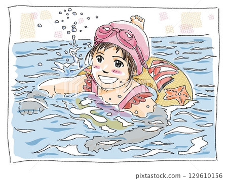 孩子在游泳池裡游泳，彩色 129610156