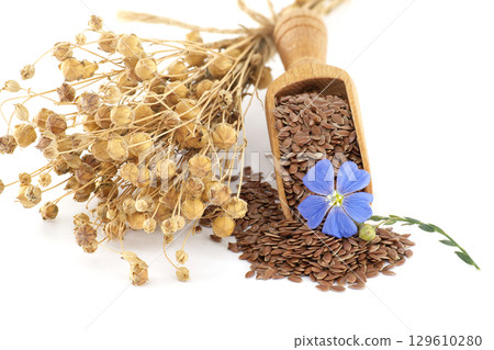 A beautiful arrangement featuring flax seeds, blue flower, and dried plants. 129610280