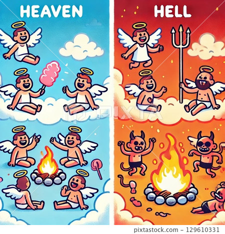 Pop style illustration of angels and demons in heaven and hell 129610331