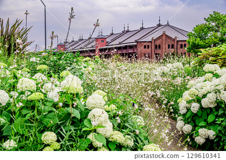 A view of blooming flowers and the Red Brick Warehouse 129610341
