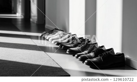 Monochrome shoes lined up in a modern entrance 129610722