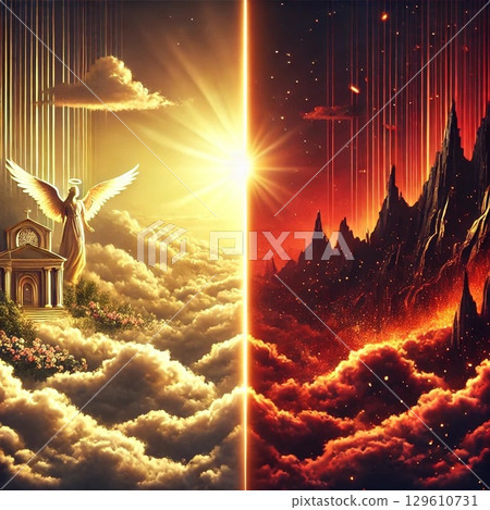Illustration of angels and demons in heaven and hell 129610731