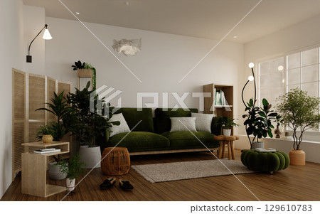 Sustainability in tranquil living room design with soft colors. 3D render illustration 129610783