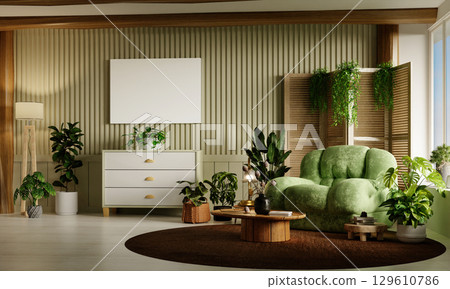 Sustainability in home design with vibrant green decor elements. 3D render illustration 129610786