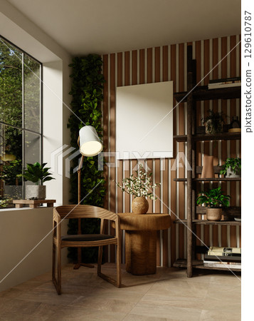 Sustainable home interior design showcasing natural elements and greenery. 3D render illustration 129610787