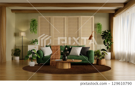 Sustainable living room style featuring modern decor and nature themes. 3D render illustration 129610790
