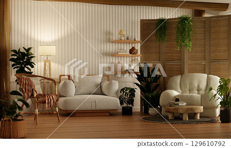 Sustainability in inviting living room with natural elements. 3D render illustration Sustainability in inviting living room with natural elements. 3D render illustration 129610792