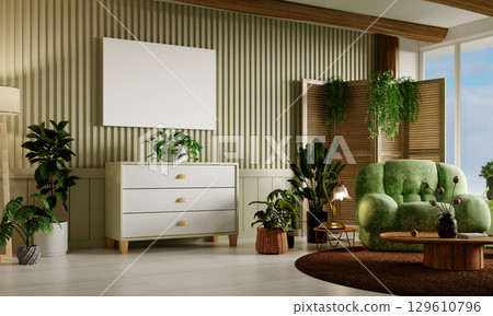 Sustainability in stylish interior spaces filled with greenery and comfort. 3D render illustration Sustainability in stylish interior spaces filled with greenery and comfort. 3D render illustration 129610796