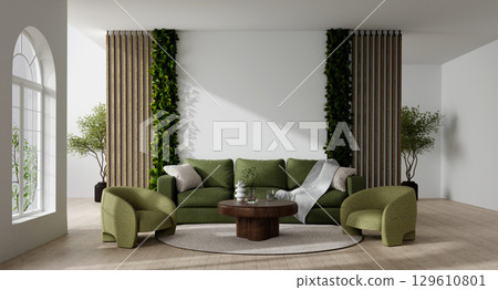 Stylish living area design promoting comfort and nature-inspired elements. 3D render illustration 129610801