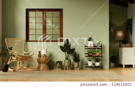 Interior design showcasing modern wellness with nature-inspired decor. 3D render illustration 129610802