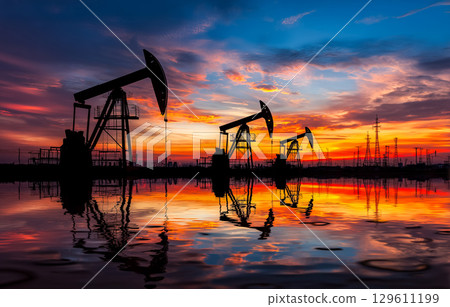 Panorama of an oil field with multiple pump jacks 129611199