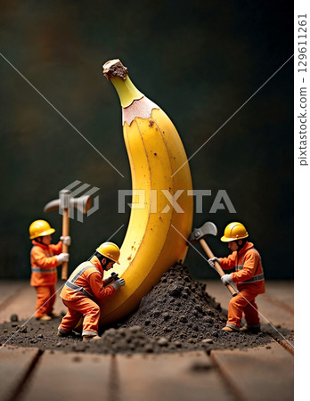 Miniature construction workers in orange uniforms working together to excavate a large yellow banana. A creative macro photography concept. 129611261
