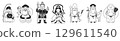 A simple illustration (black and white) of the Seven Lucky Gods lined up in a row 129611540