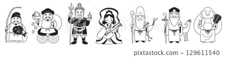 七福神排成一列的簡單插圖（黑白） 129611540