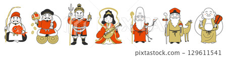 七福神排成一排的簡單插圖 129611541