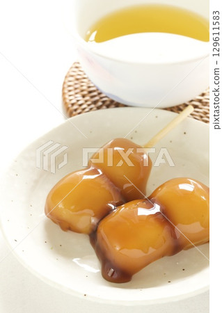 Mini Mitarashi Dango and Japanese Tea Mini Mitarashi Dango and Japanese Tea 129611583