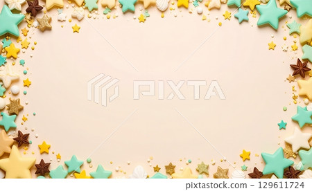 Colorful star-shaped cookie border frame background 129611724