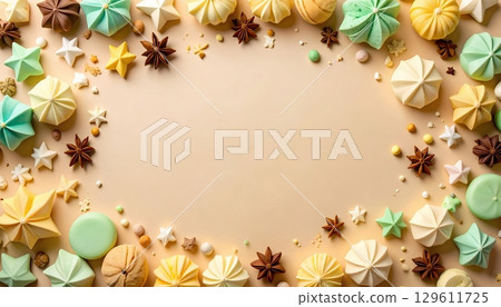 彩色蛋白霜和八角形甜點框架 129611725