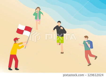 一名救生員揮舞著海嘯旗，警告即將發生海嘯並呼籲撤離，人們正在撤離的插圖 129612024