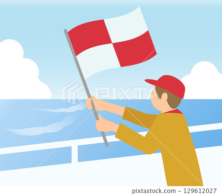 Illustration of a lifeguard waving a tsunami flag to warn of an impending tsunami and urge people to evacuate 129612027