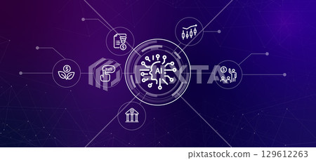 AI Artificial Intelligence in finance and investment outline icons representing financial growth stock charts banking and investment fintech algorithmic trading AI powered financial analysis 129612263