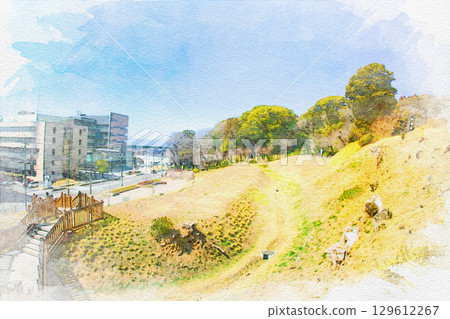 [Aichi Prefecture] Watercolor painting of the earthworks of Komakiyama Castle in Komaki City 129612267