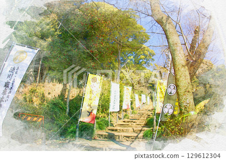 [Aichi Prefecture] Watercolor painting of the main road to Komakiyama Castle in Komaki City 129612304