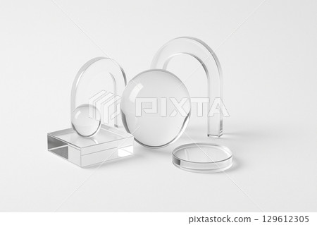 A transparent glass object placed on a white background 129612305