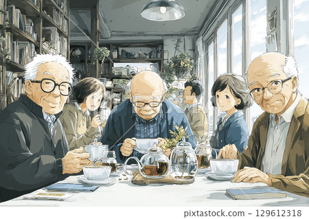 春天,老人和朋友在咖啡館喝茶 春天,老人和朋友在咖啡館喝茶 129612318