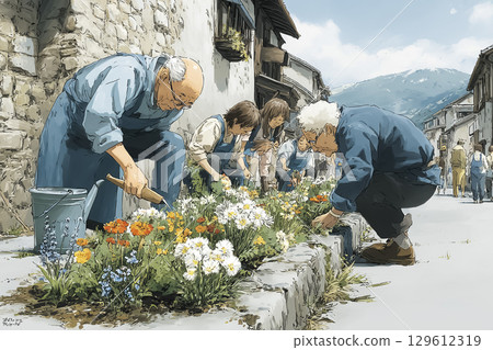 Elderly people tending flower beds during spring neighborhood cleanup 129612319
