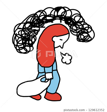 A woman walking with her head down due to fatigue or stress A woman walking with her head down due to fatigue or stress 129612352