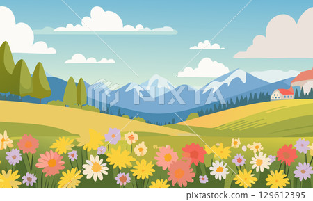 春天風景與黃色的花朵 129612395
