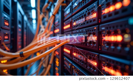 Network Server Rack with Glowing Ethernet Cables and LED Lights in Data Center. 129612407