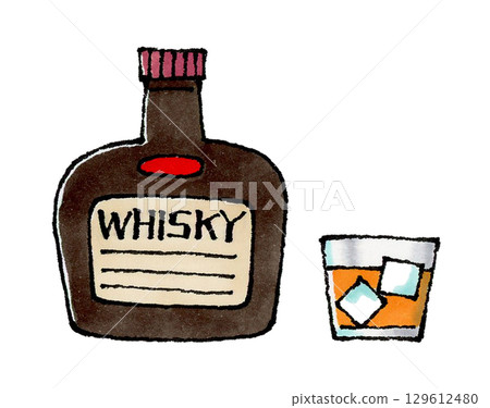 威士忌酒瓶和岩石玻璃 129612480