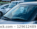 A white mask hanging on a car's rearview mirror 129612489