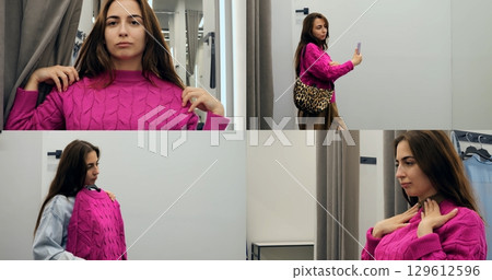 multiscreen collage featuring woman trying on pink sweater in fitting room, woman adjusts sweater collar while glancing in mirror, multiscreen layout highlights styling process multiscreen collage featuring woman trying on pink sweater in fitting room, woman adjusts sweater collar while glancing in mirror, multiscreen layout highlights styling process 129612596