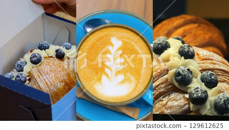 Multiscreen of cappuccino with latte art and sweet croissant with blueberries, perfect cozy moment in cafe, ideal for food visuals, cafe branding, advertising breakfast and hot drinks. Multiscreen of cappuccino with latte art and sweet croissant with blueberries, perfect cozy moment in cafe, ideal for food visuals, cafe branding, advertising breakfast and hot drinks. 129612625