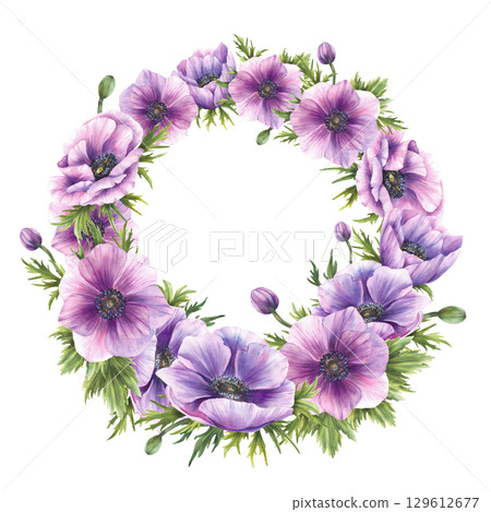 Watercolor purple Anemones flowers with pink, green buds and leaves wreath. Hand drawn botanical circle frame for wedding, greeting card, floral save the day design. Isolated on white illustration 129612677