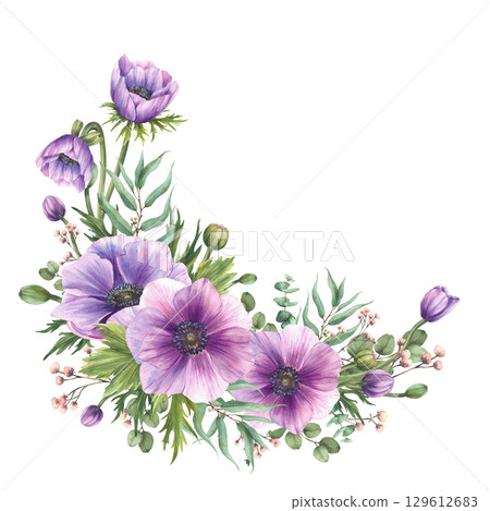 Watercolor purple Anemones flowers with pink buds twig and eucalyptus branches. Realistic floral gently semicircular bouquet for wedding, greeting card Hand drawn isolated from background illustration 129612683