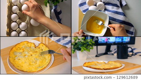 Cooking process collage showing eggs, whisking, and omelette, step by step breakfast preparation, ideal for recipe tutorials and culinary content. Cooking process collage showing eggs, whisking, and omelette, step by step breakfast preparation, ideal for recipe tutorials and culinary content. 129612689